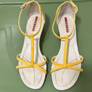 Prada Woman’s Yellow Patent Leather T Strap Low Wedge Sandal. Size 7.